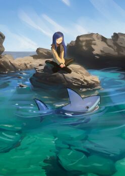 1girl absurdres black_boots black_eyes black_pants black_shirt blue_hair blue_sky boots closed_eyes closed_mouth commentary day english_commentary guantanima_ii_(shadches72) highres indian_style jacket long_hair long_sleeves monasterio_(shadches72) ocean open_mouth original outdoors pants rock shadches72 shark sharp_teeth shirt sitting sky smile swimming teeth water yellow_jacket