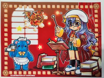 1girl apron aqua_skirt arm_up artist_name beret black_socks blue-framed_eyewear blue_bow blue_hair book book_stack bookmark bow bowtie brown_coat coat coffee_pot collared_shirt commentary cup dragon flying flying_sweatdrops footwear_bow glasses hat hat_bow hexagram highres holding holding_tray holding_wand kokomahi long_hair long_sleeves magic maid_apron maid_headdress marker_(medium) official_art open_book open_clothes open_coat original parted_lips pleated_skirt red_eyes sharp_teeth shirt shoes skirt sleeves_past_wrists socks solo standing star_(symbol) star_wand stuffed_animal stuffed_toy sweater_vest teddy_bear teeth traditional_media tray waist_apron wand wavy_hair white_hat white_shirt white_shoes window yellow_bow yellow_bowtie yellow_sweater_vest