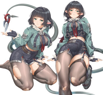 1girl animal_ears black_gloves black_hair black_shorts breasts fangxiang_cuoluan fingerless_gloves gloves green_eyes green_jacket highres jacket jane_doe_(zenless_zone_zero) large_breasts long_hair looking_at_viewer mouse_ears mouse_tail multiple_views pantyhose parted_lips shorts simple_background single_leg_pantyhose single_thighhigh skindentation tail thighhighs thighs torn_clothes torn_pantyhose torn_thighhighs white_background zenless_zone_zero