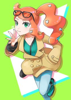 Rule 34 | 1girl, aqua boots, aqua eyes, aqua shirt, black-framed eyewear, boots, breasts, brown coat, coat, collarbone, denim, eyewear on head, hair ornament, hand in pocket, hand up, heart, heart hair ornament, highres, jeans, mobbbt, nintendo, orange-tinted eyewear, orange hair, pants, pokemon, pokemon swsh, ribbed shirt, shirt, side ponytail, side ponytail with hair base, smile, solo, sonia (pokemon), sunglasses, swept bangs, tinted eyewear, v-neck