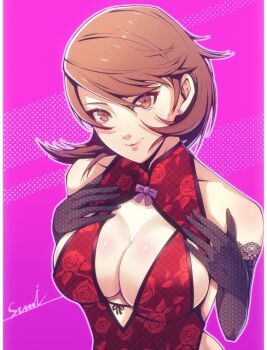 1girl alternate_costume bare_shoulders black_gloves breasts brown_eyes brown_hair china_dress chinese_clothes cleavage cleavage_cutout closed_mouth clothing_cutout commentary_request corner50777313 dress earrings elbow_gloves fishnet_gloves fishnets flipped_hair floral_print gloves hair_between_eyes hands_on_own_chest highres jewelry lace lace-trimmed_gloves lace_trim large_breasts lips looking_at_viewer persona persona_3 pink_background pink_lips print_dress red_dress short_hair signature smile solo stud_earrings takeba_yukari upper_body