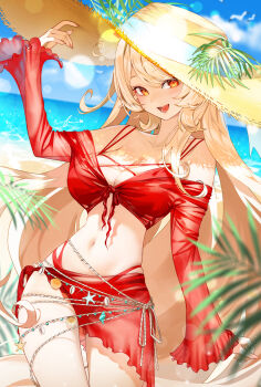 1girl algamja alice_(genshin_impact) alternate_costume beach bikini blonde_hair blue_sky breasts commentary_request day elf genshin_impact hat highres korean_commentary large_breasts long_hair looking_at_viewer navel ocean open_mouth pointy_ears red_bikini red_eyes red_sarong sarong see-through_clothes side_ahoge sky solo stomach straw_hat swimsuit