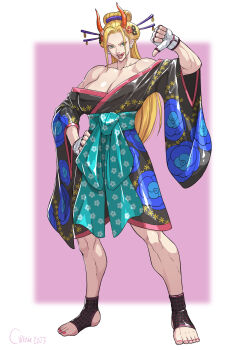 1girl 2023 absurdres artist_name black_maria_(one_piece) breasts cirenk cleavage commentary commentary_request commission earrings english_commentary fingerless_gloves floral_print gloves highres horns japanese_clothes jewelry one_piece pearl_earrings solo toes tongue tongue_out