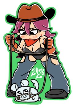 1girl 2026 :3 bandana bandana_around_neck bikini bkub black_bikini black_eyes black_shoes blue_pants blush_stickers breasts brown_gloves brown_hat chaps chinchilla_(animal) cleavage closed_mouth commentary_request cowboy_hat cowboy_western cowgirl_(western) crotchless crotchless_pants earrings full_body gloves green_outline hair_between_eyes hat highres holding holding_rope jewelry large_breasts long_hair official_alternate_costume outline pants purple_hair raia-chan red_bandana rope shoes simple_background stud_earrings swimsuit very_long_hair white_background yappari_chinchirando