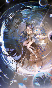 1girl absurdres ahoge ancient_greek_clothes armlet bai_qi-qsr black_skirt blue_eyes blue_hair blue_petals breasts cleavage closed_mouth different_reflection gladiator_sandals gold_bra greco-roman_clothes hair_belt hand_up head_wreath highres iuno_(wuthering_waves) jewelry long_hair looking_at_viewer medium_breasts miniskirt missing_commentary orb reflection ripples sandals showgirl_skirt sitting skirt smile solo thighlet thighs twintails very_long_hair water wuthering_waves yokozuwari