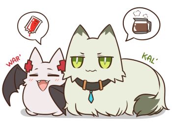 2girls :d animalization arknights bat_(animal) bat_wings black_collar black_wings blood blood_bag blush closed_eyes closed_mouth coffee coffee_pot collar commentary english_commentary facing_viewer fangs green_eyes guin_guin kal'tsit_(arknights) looking_at_viewer multiple_girls no_humans open_mouth shadow smile speech_bubble warfarin_(arknights) wavy_mouth white_background wings