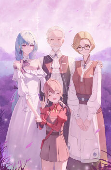 1boy 3girls absurdres ascot bare_shoulders black_gloves breasts brown_overalls closed_eyes closed_mouth commentary dress facing_viewer gloves grey_hair hand_on_another&#039;s_shoulder hand_up highres long_arms long_dress long_hair medium_breasts multicolored_hair multiple_girls musical_note_ornament old old_man open_mouth orange_dress outdoors overall_skirt overalls phrolova_(wuthering_waves) purple_eyes purple_sky red_shirt shirt sky smile streaked_hair symbol-only_commentary toroe02 triss_(wuthering_waves) v white_ascot white_dress white_shirt wuthering_waves