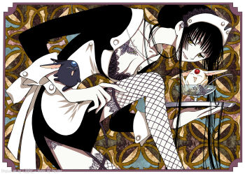 00s 1girl absurdres black_hair blunt_bangs breasts clamp cleavage derivative_work female_focus fishnet_thighhighs fishnets highres hime_cut ichihara_yuuko large_breasts long_hair maid mokona solo thighhighs vector_trace xxxholic