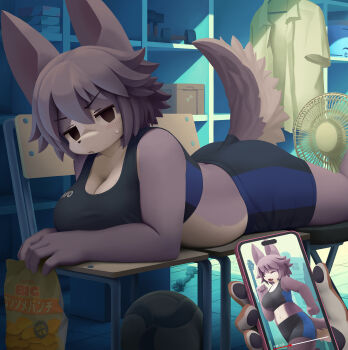 1girl 1other animal_ears bag_of_chips bike_shorts breasts cellphone chair cleavage closed_mouth commentary_request dog_ears dog_tail dumbbell electric_fan exercising furry furry_female highres holding holding_phone indoors jitome jogging large_breasts lyc lying no_pupils on_stomach original partial_commentary pawpads phone purple_hair smartphone solo_focus sports_bra sweatdrop tail volleyball workout_clothes