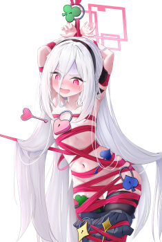 1girl @_@ absurdly_long_hair absurdres arms_up bdsm black_ribbon black_skirt black_thighhighs blue_archive blush bondage bound breasts clothes_pull collarbone embarrassed fingernails hair_between_eyes hair_over_shoulder hair_ribbon hairband halo highres kei_(blue_archive) kei_(student)_(blue_archive) key lock loli long_hair long_hair_between_eyes maruabcm nail_polish navel pink_eyes pink_halo pink_nails pleated_skirt rectangular_halo restrained ribbon ribbon_bondage ringed_eyes shaded_face simple_background skirt skirt_pull small_breasts solo stationary_restraints sweat sweatdrop thighhighs very_long_hair white_background white_hair