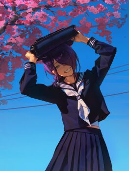1girl bag_on_head black_bag blue_serafuku blue_shirt blue_skirt blue_sky chainsaw_man cherry_blossoms commentary cowboy_shot flower green_eyes grin hair_over_one_eye highres kozzzy looking_at_viewer neckerchief pink_flower pleated_skirt power_lines purple_hair reze_(chainsaw_man) sailor_collar sailor_shirt school_uniform serafuku shirt skirt sky smile solo white_neckerchief