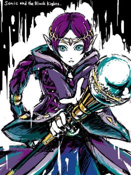 Rule 34 | 1girl, aura, black background, blue dress, blue eyes, braid, circlet, commentary, copyright name, dress, english text, fujishiro kei, holding, holding staff, hooded robe, jewelry, long hair, long sleeves, looking at viewer, merlina (sonic), parted bangs, parted hair, parted lips, pointy ears, purple hair, purple robe, ring, robe, single braid, solo, sonic (series), sonic and the black knight, staff, upper body