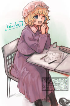1girl arms_up black_leggings black_shoes blonde_hair blue_eyes box chair collar commentary cup drawing_(object) dress elbows_on_table frilled_sleeves frills ginnkei hat highres leggings light_blush long_sleeves maribel_hearn mob_cap one-hour_drawing_challenge one_eye_closed open_mouth own_hands_together paper pen purple_dress shoes short_hair signature simple_background single_shoe smile solo table teeth touhou unworn_shoes upper_teeth_only watermark white_background white_collar white_hat