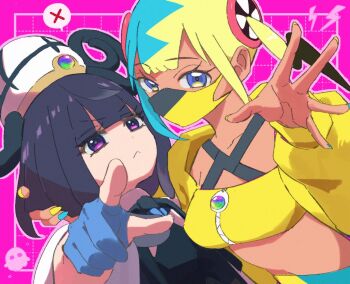 2girls aqua_hair aqua_nails arm_around_neck black_dress black_hair blonde_hair blue_eyes blue_gloves blunt_bangs bob_cut canari_(pokemon) closed_mouth coat commentary_request crop_top dark-skinned_female dark_skin dress eyelashes ghost gloves grid_background gwynn_(pokemon) hand_on_another&#039;s_head hat jacket kooda lightning_bolt_symbol long_sleeves looking_at_viewer mask mega_stone midriff mouth_mask multicolored_hair multicolored_nails multiple_girls nintendo open_clothes open_coat open_jacket partially_fingerless_gloves pink_background pointing pointing_at_viewer pokemon pokemon_legends:_z-a purple_eyes purple_hair short_hair simple_background split-color_hair spoken_x two-tone_nails upper_body white_coat yellow_jacket yellow_nails yuri