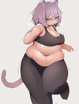 1girl absurdres animal_ear_fluff animal_ears black_pants black_sports_bra breasts cat_ears cat_girl cat_tail cleavage crop_top exercising fat fat_woman grey_background highres hololive large_breasts medium_breasts midriff muffin_top nantekottai25 navel nekomata_okayu open_mouth pants plump purple_eyes purple_hair short_hair solo sports_bra standing standing_on_one_leg sweat sweatpants tail virtual_youtuber