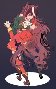 1girl 2girls animal_ears ascot black_thighhighs blush bow breasts brown_hair brown_sailor_collar cape chikabe cleavage closed_eyes cropped_jacket dancing ear_bow earrings gloves green_jacket green_skirt hair_between_eyes highres horse_ears horse_girl horse_tail jacket jewelry long_hair long_sleeves maruzensky_(formula_r)_(umamusume) maruzensky_(umamusume) medal medium_breasts multicolored_hair multiple_girls open_mouth red_cape red_jacket red_shirt red_skirt red_thighhighs sailor_collar shirt shoes side_cape single_earring skirt smile streaked_hair symboli_rudolf_(emperor&#039;s_path)_(umamusume) symboli_rudolf_(umamusume) tail thighhighs umamusume waltz_(dance) white_ascot white_gloves white_hair yuri