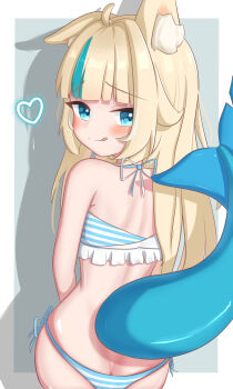 1girl :q absurdres akuruatsu animal_ears ass bikini blonde_hair blue_eyes blush butt_crack cat_ears fins fish_tail from_behind heart highres indie_virtual_youtuber loli long_hair long_twintails looking_at_viewer looking_back sameko_saba sitting smile solo striped_bikini striped_clothes swimsuit tail thighs tongue tongue_out twintails virtual_youtuber
