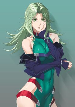1girl bare_shoulders bodysuit breasts collar covered_navel dress green_eyes green_hair highres impossible_clothes impossible_dress lamia_loveless large_breasts long_hair looking_at_viewer skin_tight solo super_robot_wars super_robot_wars_original_generation wakusei-planet
