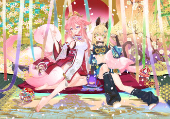 2girls ahoge animal_ear_piercing animal_ears asa_no_ha_(pattern) ball barefoot bell black_bow black_bridal_gauntlets black_leg_warmers black_ribbon black_shirt blonde_hair blue_skirt bow breasts bridal_gauntlets cat_feet cat_tail choker clenched_hand closed_mouth commentary crop_top dendro_symbol_(genshin_impact) detached_sleeves double-parted_bangs eyeliner falling_petals fang fish floppy_ears fox_ears fox_shadow_puppet fox_tail full_body genshin_impact green_eyes hair_between_eyes hair_bow hair_ornament hairclip hand_up high-waist_skirt highres jingle_bell kirara_(genshin_impact) kitsune knee_up leg_warmers long_hair looking_at_viewer makeup midriff multiple_girls multiple_tails navel nekomata nontraditional_miko open_mouth petals pink_hair pink_tail puffy_detached_sleeves puffy_sleeves purple_eyes red_eyeliner red_skirt ribbon ribbon_choker shirt side-by-side sideboob sitting skin_fang skirt sleeveless sleeveless_shirt smile statue_of_her_excellency_(genshin_impact) streamers symbol-only_commentary tail tassel teeth temari_ball three-quarter_sleeves toes two_tails vision_(genshin_impact) white_shirt xrjingx yae_miko