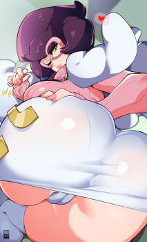 1girl absurdres ass ass_focus bayeuxman blurry blurry_background breasts cameltoe capelet clothes_lift from_behind glasses green_eyes heart highres huge_ass indoors large_breasts long_sleeves looking_at_viewer looking_back miniskirt nintendo one_eye_closed panties pantylines pencil_skirt pink-tinted_eyewear pink_sweater pokemon pokemon_sm purple_hair skirt skirt_lift solo spoken_heart sweater tinted_eyewear turtleneck turtleneck_sweater underwear white_panties white_skirt wicke_(pokemon) wink