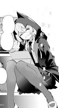 1girl animal_hood blush breasts closed_eyes collared_shirt cropped dot_nose female_focus highres hood hooded_jacket hoodie igarashi_masakuni jacket kirino_iko large_breasts long_image long_sleeves manga_illustration manga_page mayonaka_heart_tune miniskirt monochrome necktie official_art open_mouth pantyhose pleated_skirt school_uniform shirt shoes short_hair skirt smile solo solo_focus speech_bubble tablet_pc uwabaki