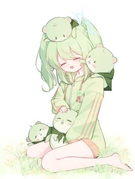 1girl absurdres bare_legs barefoot chico_(yuzuha_riko) closed_eyes commentary_request creature dot_nose double-parted_bangs electromocha full_body grass green_hair green_jacket highres jacket korean_commentary long_sleeves medium_hair no_pants open_mouth raised_inner_eyebrows simple_background stellive twintails virtual_youtuber white_background yuzuha_riko