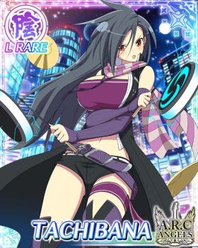 1girl :o arms_under_breasts black_hair black_shorts boots border breasts card_(medium) character_name cityscape detached_sleeves drum drum_set drumsticks electricity english_text game_cg gluteal_fold holding holding_drumsticks instrument large_breasts long_hair looking_at_viewer navel night night_sky official_alternate_costume official_art purple_scarf red_eyes scarf senran_kagura senran_kagura_new_wave short_shorts shorts sky solo striped_clothes striped_scarf swept_bangs tachibana_(senran_kagura) thigh_boots vertical-striped_clothes vertical-striped_scarf very_long_hair