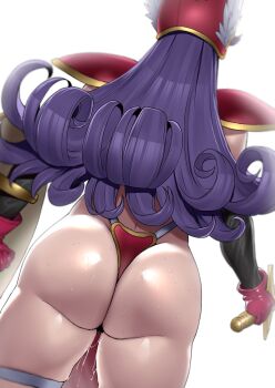 1girl absurdres armor ass ass_focus between_buttocks bikini_armor dragon_quest dragon_quest_iii from_behind helmet highres huge_ass long_hair purple_hair pussy_juice revealing_clothes solo sword taut_clothes thick_thighs thighs thong warrior_(dq3) weapon winged_helmet yesman_(cvbnyesman)