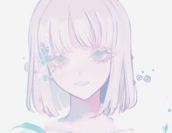 Rule 34 | 1girl, 7wata himori, close-up, fate/prototype, fate/prototype: fragments of blue and silver, fate (series), looking at viewer, parted lips, pastel colors, pink eyes, sajou manaka, short hair, simple background, smile, solo, white background, white hair