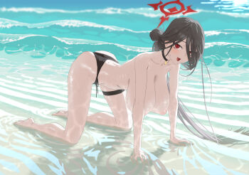 1girl :d absurdres all_fours barefoot beach bikini bikini_bottom_only black_bikini black_choker black_hair blue_archive breasts caustics choker commentary_request day eyes_visible_through_hair full_body hair_bun hair_over_one_eye halo hanging_breasts hasumi_(blue_archive) hasumi_(swimsuit)_(blue_archive) highres huge_breasts inverted_nipples long_bangs long_hair looking_at_viewer meganeura224 nipples ocean open_mouth outdoors ponytail red_eyes red_halo smile solo sweat swimsuit topless_female variant_set wading