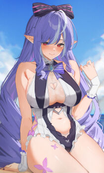 1girl blue_sky blush bow bowtie breasts closed_mouth clothing_cutout commentary day drill_hair frilled_wrist_cuffs frills heart_cutout highres large_breasts long_hair looking_at_viewer mole mole_under_eye ocean one-piece_swimsuit pointy_ears purple_bow purple_bowtie purple_hair red_eyes sitting sky smile solo stomach_cutout swimsuit symbol-only_commentary two-tone_one-piece_swimsuit vivian_banshee vivian_banshee_(iris_of_the_shore) white_one-piece_swimsuit wrist_cuffs zenless_zone_zero zinkaa