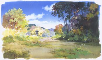blue_sky cloud day foliage nature no_humans no_lineart oga_kazuo original painting_(medium) path road scan scenery sky third-party_source traditional_media tree