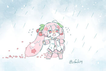 1girl artist_name chibi hatsune_miku outstretched_arms pink_hair rain sa-fu_(sfmk39) sakura_miku solo tearing_up vocaloid