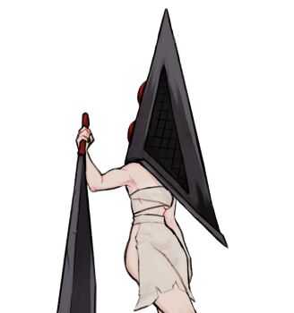1girl bandage_on_hip chainsaw_man cosplay great_knife gurumo_(twitter) higashiyama_kobeni holding holding_weapon huge_weapon mask pyramid_head pyramid_head_(cosplay) sarashi silent_hill_(series) silent_hill_2 simple_background solo weapon white_background