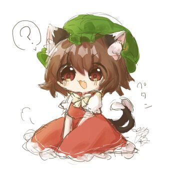 1girl :d ? animal_ear_fluff animal_ears arms_between_legs blush bow bowtie brown_hair cat_ears cat_girl cat_tail chen commentary_request fang full_body green_hair hat highres mob_cap motimotinosiro multiple_tails nekomata open_mouth puff_of_air puffy_short_sleeves puffy_sleeves red_eyes red_skirt red_vest short_hair short_sleeves simple_background sitting skin_fang skirt smile solo speech_bubble spoken_question_mark tail touhou two_tails vest white_background yellow_bow yellow_bowtie