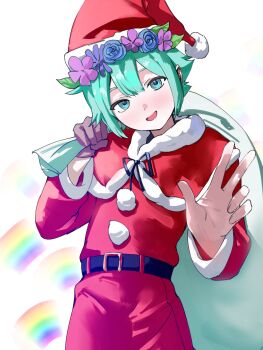 1boy alternate_costume basil_(headspace)_(omori) basil_(omori) blush brown_gloves colored_skin double-parted_bangs flower flower_wreath gloves green_eyes green_hair hair_between_eyes hat head_wreath highres holding holding_sack long_sleeves looking_at_viewer omore47858045 omori open_mouth red_hat sack santa_costume santa_hat short_hair single_glove smile solo white_skin