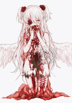 1girl blood blood_on_clothes blood_on_face blood_on_ground character_request chinese_commentary commission corset_piercing deep_wound dress feathered_wings flower flower_over_eye guro hair_between_eyes hair_flower hair_ornament hands_up highres injury kneeling open_mouth organs original red_eyes red_ribbon ribbon self-harm sidelocks solo torn_clothes torn_dress two_side_up watermark white_background white_dress white_hair wings xiyuqian