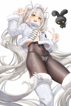 1girl armband black_armband black_pantyhose black_rabbit_(animal) blanc_(fortune_express)_(nikke) blanc_(nikke) boots breasts coat covered_navel crotch_seam double_v fangxiang_cuoluan fur-trimmed_boots fur-trimmed_collar fur-trimmed_sleeves fur_trim goddess_of_victory:_nikke grey_hair hair_ornament hat high-waist_pantyhose highres jacket long_hair long_legs looking_at_viewer no_pants official_alternate_costume official_alternate_hairstyle panties panties_under_pantyhose pantyhose pom_pom_(clothes) pom_pom_hair_ornament seamed_legwear see-through_pantyhose smile solo twintails underboob underwear v very_long_hair white_boots white_hair white_hat white_nails white_panties winter_clothes winter_coat yellow_eyes