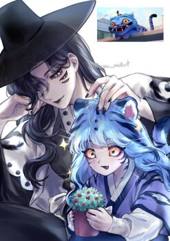 2girls :3 :d animal_ears black_eyeshadow black_hair black_hanbok black_hat black_nails black_sclera blue_eyeshadow blue_hair blue_hanbok closed_mouth colored_sclera commentary curtained_hair derpy_(kpop_demon_hunters) english_commentary extra_eyes eyeshadow facial_mark fang fingernails gat_(hat) hair_over_one_eye hanbok hand_on_another&#039;s_head hat highres holding holding_plant kazu_miart korean_clothes korean_traditional_hat kpop_demon_hunters long_fingernails long_hair long_sleeves looking_at_another looking_at_object makeup monster_girl multicolored_hair multiple_girls open_mouth personification plant potted_plant red_sclera reference_inset screenshot_inset simple_background smile striped_hair sussie_(kpop_demon_hunters) tiger_ears tiger_girl two-tone_hair white_background wide_sleeves yellow_eyes