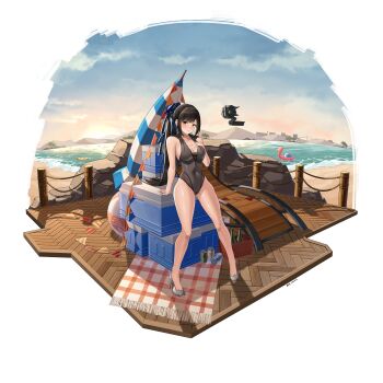 absurdres arm_support armpit_crease ball bare_shoulders beach beach_umbrella beachball black_hair black_leotard blue_sky blush bottle boulder box breasts brown_eyes building bunting can character_name chinese_commentary cleavage closed_mouth closed_umbrella cloud commentary commentary_request cooler covered_navel dated drawstring drink_can earrings english_commentary eve_(stellar_blade) flamingo_innertube food full_body gluteal_fold grey_shoes groin hand_on_own_chest high_heels high_ponytail highleg highleg_leotard highres hill hood hood_down hooded_leotard innertube jewelry jfzm001 lace leaning_back leotard long_hair looking_at_viewer looking_to_the_side medium_breasts mixed-language_commentary on_box outdoors picnic_blanket pigeon-toed pizza pizza_slice ponytail pumps shoes sideways_glance signature sitting sitting_on_box sky sleeveless smile stellar_blade stiletto_heels straight_hair string_of_flags sun swept_bangs swim_ring thank_you thighs tree umbrella unzipped variant_set wooden_floor zipper zipper_pull_tab