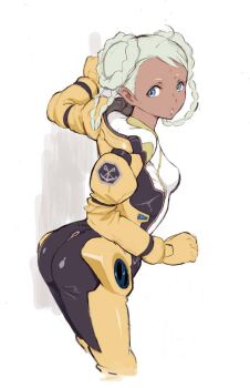 1girl arai_kei ass bindi blue_eyes dark-skinned_female dark_skin female_focus gundam gundam_g_no_reconguista pilot_suit raraiya_monday silver_hair solo