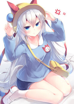 Rule 34 | 1girl, absurdres, anger vein, animal ears, bag, blue eyes, blue hairband, blue shirt, blue shorts, blush, breasts, closed mouth, collarbone, commentary request, ear covers, ears through headwear, grey hair, grey tail, hair between eyes, hairband, hat, headband, highres, horse ears, horse girl, horse tail, kanzakietc, kindergarten bag, kindergarten uniform, long hair, long sleeves, multicolored hairband, red headband, school hat, shirt, shoes, shorts, sitting, small breasts, socks, striped clothes, striped hairband, tail, tamamo cross (umamusume), two-tone hairband, umamusume, umayon, very long hair, wariza, white socks, yellow bag, yellow hat