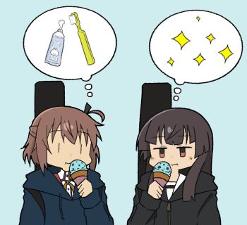 Rule 34 | 2girls, aqua background, black hair, black jacket, blue hoodie, blunt bangs, blush, brown hair, closed mouth, eating, etou kanami, food, hair between eyes, half updo, highres, holding, holding food, holding ice cream, hood, hood down, hooded jacket, hoodie, horned hood, horns, ice cream, jacket, jitome, juujou hiyori, kazuemon, long hair, long sleeves, minoseki gakuin uniform, mint chocolate, multiple girls, one side up, red eyes, school uniform, short hair, sidelocks, simple background, sparkle, thinking, toji no miko, toothbrush, toothpaste, wavy mouth, winter uniform, | |
