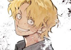 Rule 34 | 1boy, blonde hair, blood, blood on face, close-up, collared shirt, ezui, grey eyes, grey shirt, grin, highres, looking at viewer, male focus, one piece, portrait, sabo (one piece), scar, scar on face, shirt, short hair, smile, solo, wavy hair