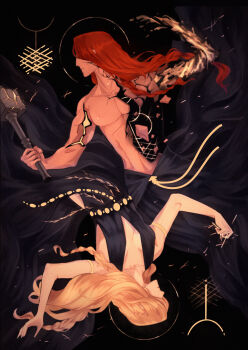 1boy 1girl armlet backless_dress backless_outfit bare_arms bare_pectorals bare_shoulders belt black_dress black_sarong black_skirt blonde_hair braid breasts callibrin circlet cleavage covered_eyes cracked_skin crown crumbling crushing dress elden_ring elden_ring_(object) embroidery floating_hair from_side gold_armlet gold_belt gold_circlet gold_embroidery hair_over_eyes halo hammer hand_up highres holding holding_hammer holding_weapon hole_in_chest hole_on_body husband_and_wife jewelry long_hair male_chest medium_breasts metal_belt missing_limb multiple_braids muscular muscular_male pectorals plunging_neckline queen_marika_the_eternal radagon_of_the_golden_order raise_hammer red_hair rotational_symmetry runes sarong shattered side_slit skirt stone_hammer topless_male very_long_hair weapon