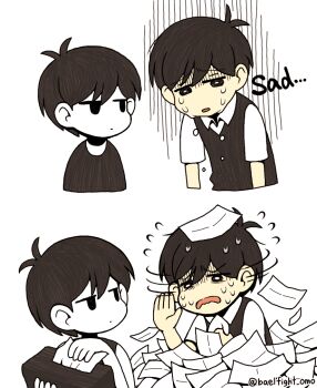 2boys antenna_hair black_eyes black_hair black_sweater_vest black_tank_top bright_pupils closed_mouth collared_shirt colored_skin crying crying_with_eyes_open dual_persona english_text flying_sweatdrops holding_tissue looking_at_another male_focus miya_(baelfight) multiple_boys omori omori_(omori) open_mouth sad shirt short_hair short_sleeves simple_background sunny_(omori) sweater_vest tank_top tears tissue_box twitter_username white_background white_pupils white_shirt white_skin