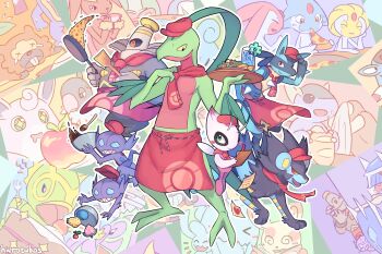 &gt;_&lt; 2others adjusting_clothes adjusting_headwear alternate_color apron armaldo ascot azelf berry_(pokemon) bidoof blush_stickers celebi chatot cheri_berry clipboard closed_mouth clothed_pokemon colored_sclera cup dialga dusknoir food fork gen_1_pokemon gen_2_pokemon gen_3_pokemon gen_4_pokemon green_eyes grovyle hat hierotubas highres holding holding_clipboard holding_food holding_fork holding_pizza kangaskhan kecleon legendary_pokemon lopunny loudred lucario luxray mesprit mixing_bowl multiple_others mythical_pokemon nintendo oran_berry pecha_berry peeking pizza pizza_slice pokemon pokemon_(creature) pokemon_cafe_remix pokemon_mystery_dungeon purple_kecleon red_apron red_ascot red_hat red_sclera rice sableye salad sharp_teeth shiny_pokemon sitrus_berry spinda spoon teeth tripping uxie wigglytuff wobbuffet wooden_spoon wynaut yellow_eyes yellow_sclera