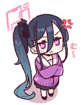 1girl :&lt; absurdly_long_hair anger_vein black_hair black_shoes black_skirt blue_archive blush cardigan chibi chibi_only closed_mouth commentary crossed_arms dot_nose double-parted_bangs full_body hair_between_eyes halo kei_(blue_archive) long_hair long_hair_between_eyes long_sleeves looking_at_viewer purple_cardigan purple_eyes purple_halo school_uniform serafuku shoes side_ponytail simple_background skirt solo standing v-shaped_eyebrows very_long_hair white_background yoru_nai
