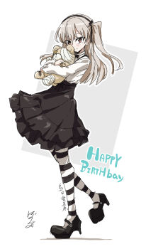 1girl absurdres artist_name bandages birthday black_bow black_bowtie black_pantyhose black_ribbon black_shoes black_skirt bob_(you-u-kai) boko_(girls_und_panzer) bow bowtie brown_eyes brown_hair character_name closed_mouth commentary dress_shirt english_text from_side full_body girls_und_panzer hair_ribbon happy_birthday high-waist_skirt high_heels highres holding holding_stuffed_toy layered_skirt long_hair long_sleeves looking_at_viewer mary_janes medium_skirt one_side_up pantyhose ribbon shimada_arisu shirt shoes signature simple_background skirt smile solo standing standing_on_one_leg striped_clothes striped_pantyhose stuffed_animal stuffed_toy suspender_skirt suspenders teddy_bear translated white_background white_pantyhose white_shirt