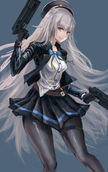 Rule 34 | 1girl, absurdres, black gloves, black headwear, black jacket, black pantyhose, black skirt, breasts, dual wielding, gloves, goddess of victory: nikke, grey hair, grin, hair ornament, hat, highres, holding, holding weapon, jacket, kyel hyde, long hair, looking at viewer, military hat, orange eyes, pantyhose, pleated skirt, shirt, shirt partially tucked in, skirt, small breasts, smile, soline (nikke), solo, thigh strap, weapon, white shirt